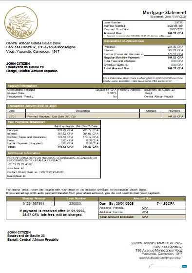 Download Central African Republic BEAC bank mortgage statement scr Photoshop template